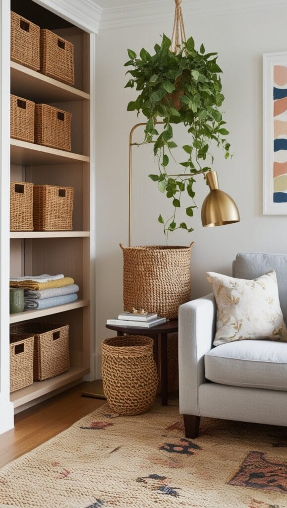 Feng Shui living room with a clutter-free design, showcasing organized furniture, clean surfaces, and a peaceful atmosphere for positive energy flow.